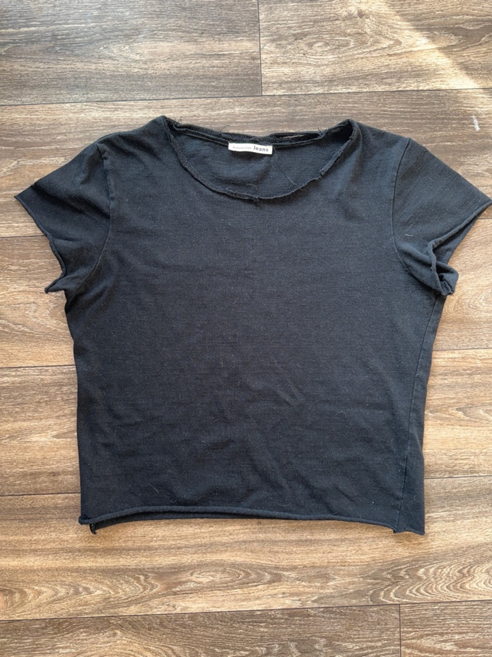 Reformation Black Raw-Edge Short Sleeve Crop Top